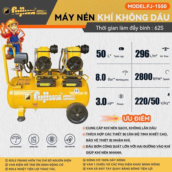 Máy nén khí 50 lít không dầu 3hp fujiwa fj-1550