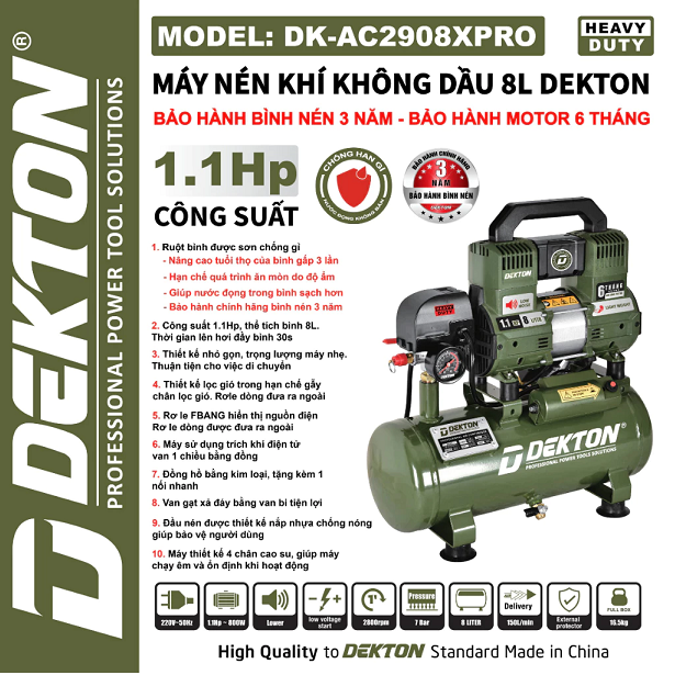 Máy nén khí mini dekton dk-ac2908xpro không dầu