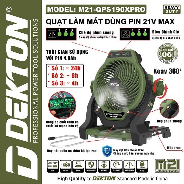 Quạt  phun sương dekton dùng pin m21-qps190xpro